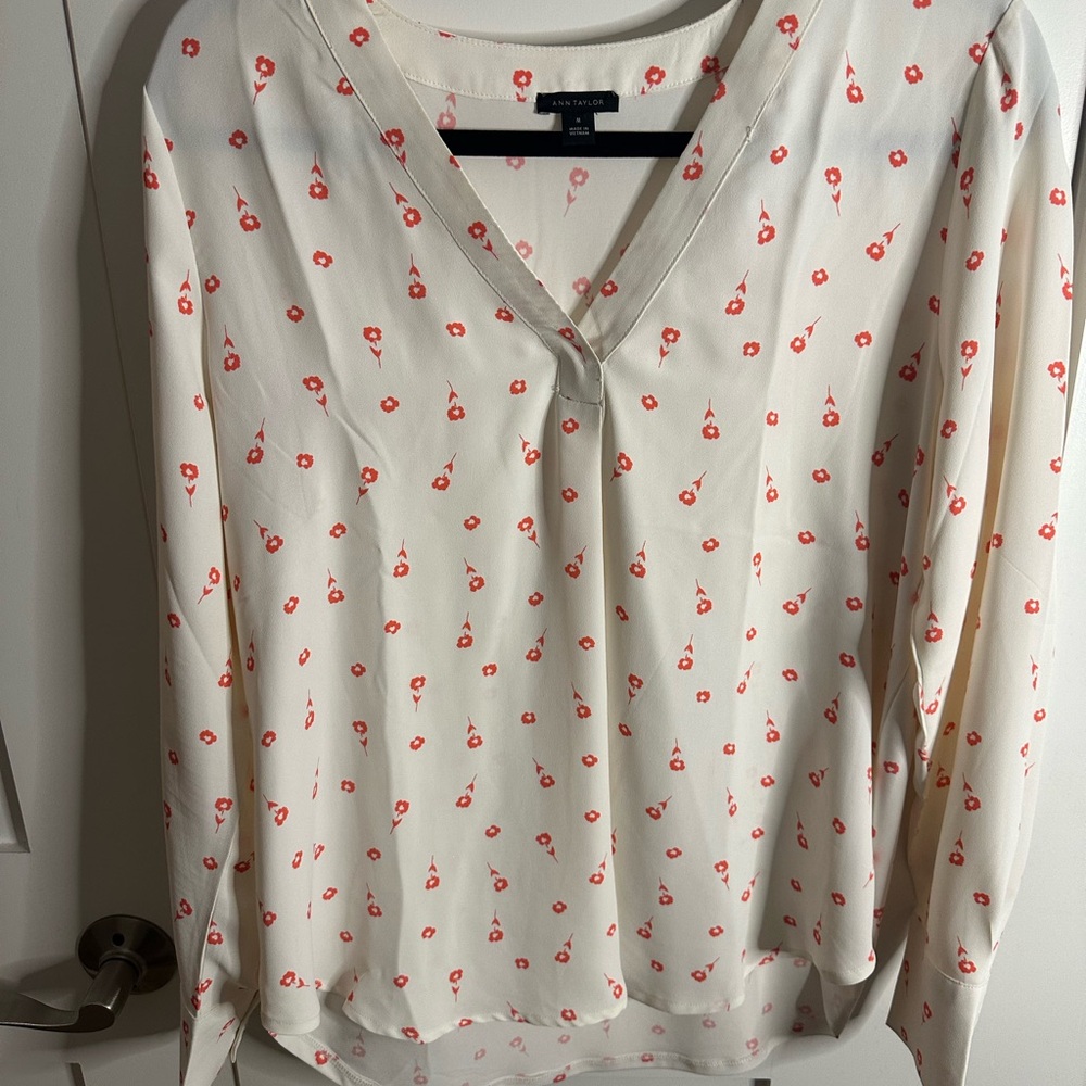 Ann Taylor Cream Blouse with Red Floral Pattern